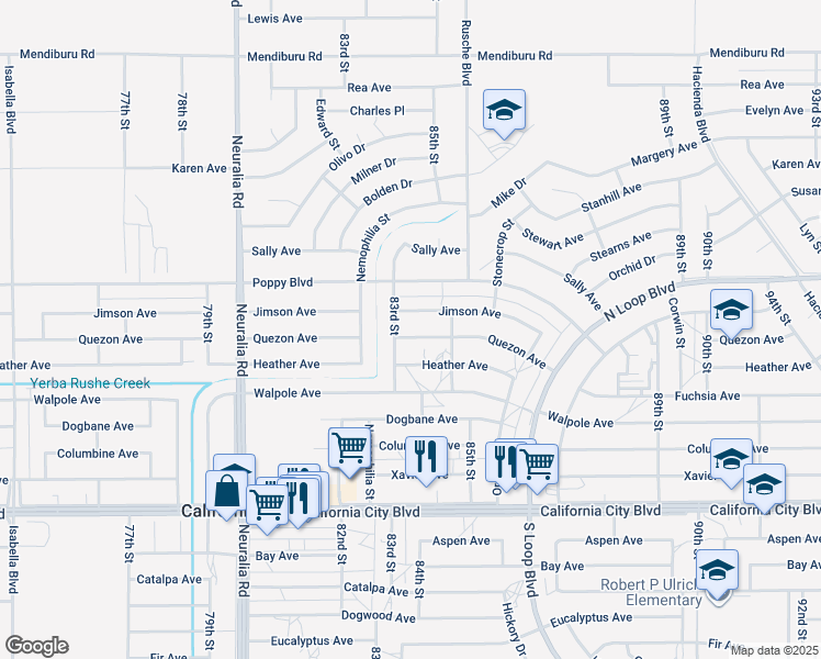 map of restaurants, bars, coffee shops, grocery stores, and more near 8313 Quezon Avenue in California City