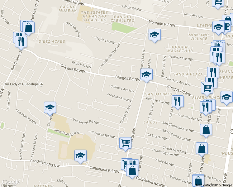 map of restaurants, bars, coffee shops, grocery stores, and more near 1411 Freeman Ave NW in Albuquerque