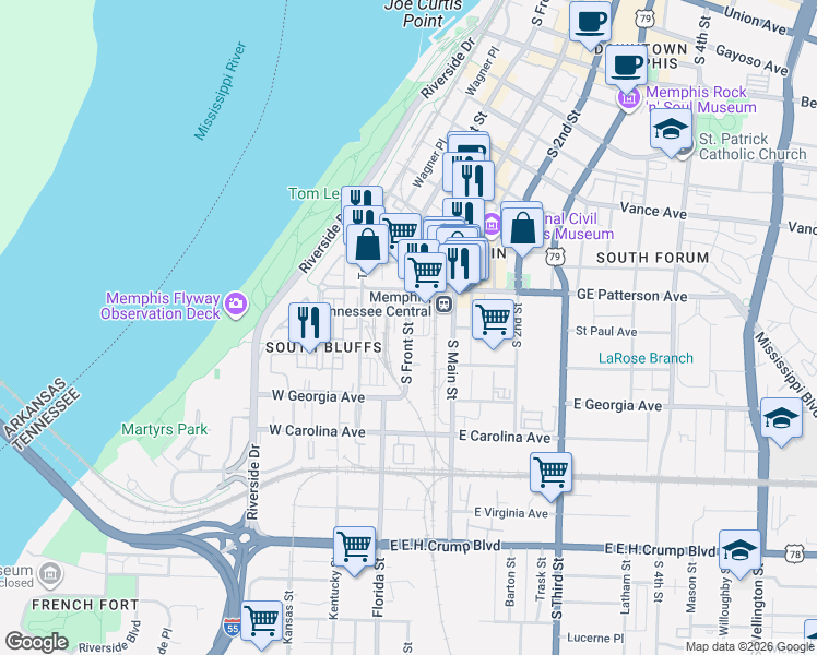 map of restaurants, bars, coffee shops, grocery stores, and more near 566 South Front Street in Memphis