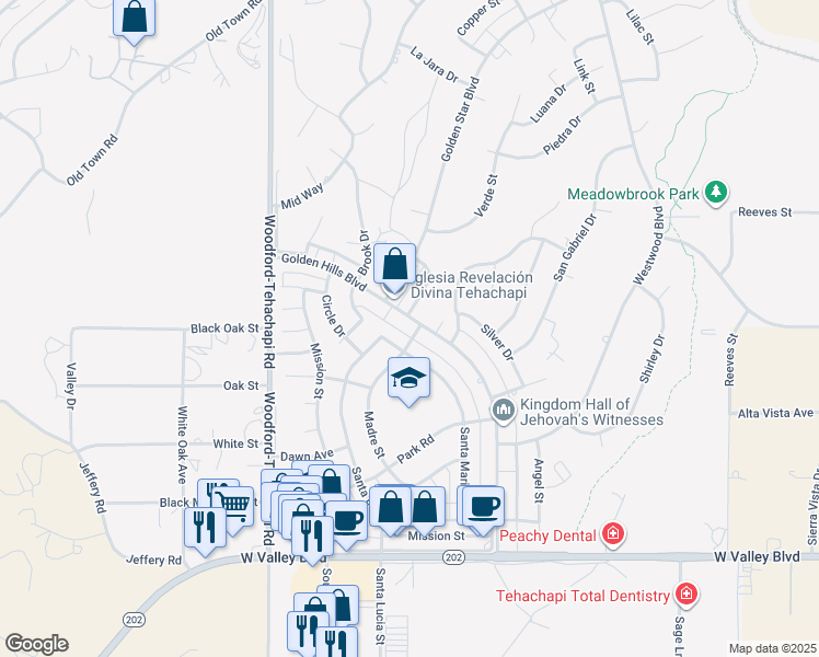 map of restaurants, bars, coffee shops, grocery stores, and more near 21525 Golden Hills Boulevard in Tehachapi