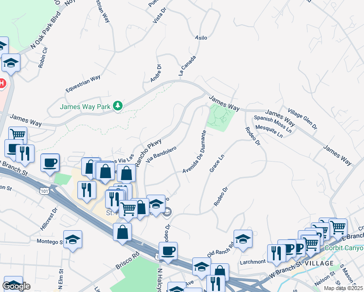 map of restaurants, bars, coffee shops, grocery stores, and more near 381 Via Bandolero in Arroyo Grande