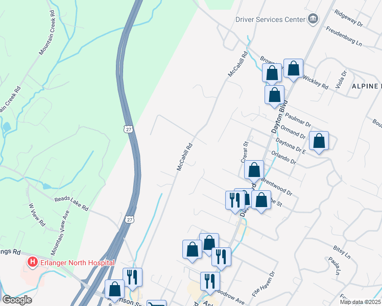 map of restaurants, bars, coffee shops, grocery stores, and more near 4508 McCahill Road in Chattanooga