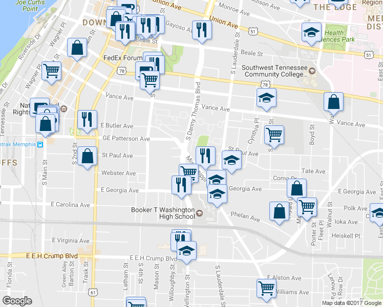 map of restaurants, bars, coffee shops, grocery stores, and more near 578 Mississippi Boulevard in Memphis