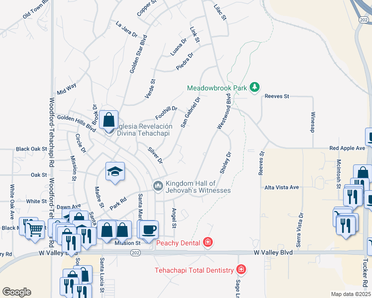map of restaurants, bars, coffee shops, grocery stores, and more near 19800 Star Court in Tehachapi