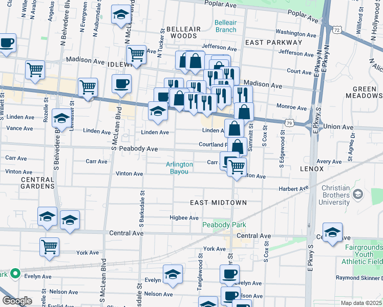 map of restaurants, bars, coffee shops, grocery stores, and more near 523 Diana Street in Memphis
