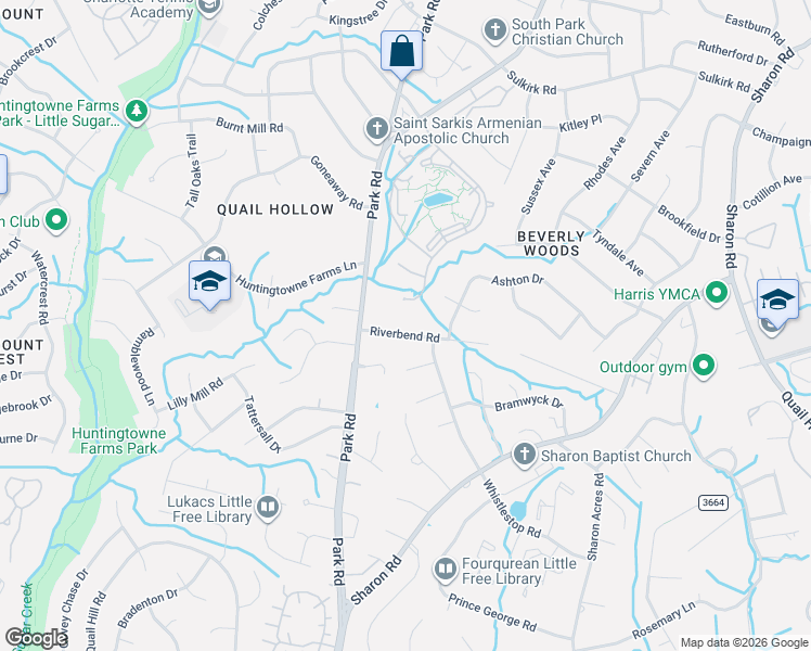 map of restaurants, bars, coffee shops, grocery stores, and more near 3809 Riverbend Road in Charlotte