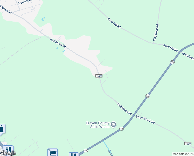 map of restaurants, bars, coffee shops, grocery stores, and more near 355 Half Moon Road in New Bern