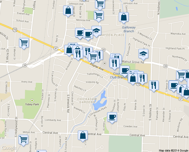 map of restaurants, bars, coffee shops, grocery stores, and more near 2975 Tishomingo Ln in Memphis