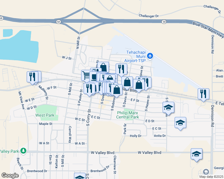 map of restaurants, bars, coffee shops, grocery stores, and more near 128 East Tehachapi Boulevard in Tehachapi