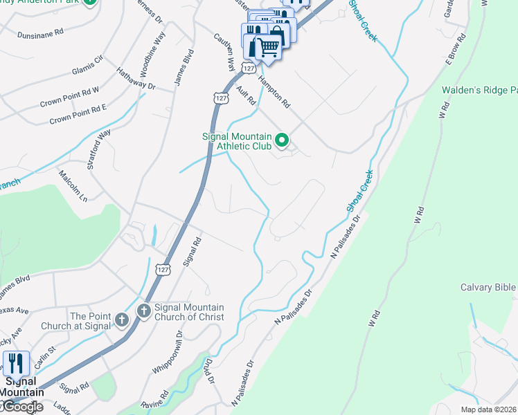 map of restaurants, bars, coffee shops, grocery stores, and more near 511 Barrington Road in Signal Mountain