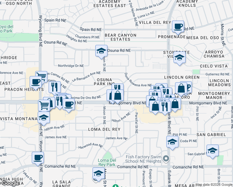 map of restaurants, bars, coffee shops, grocery stores, and more near 9212 Lagrima De Oro Road Northeast in Albuquerque