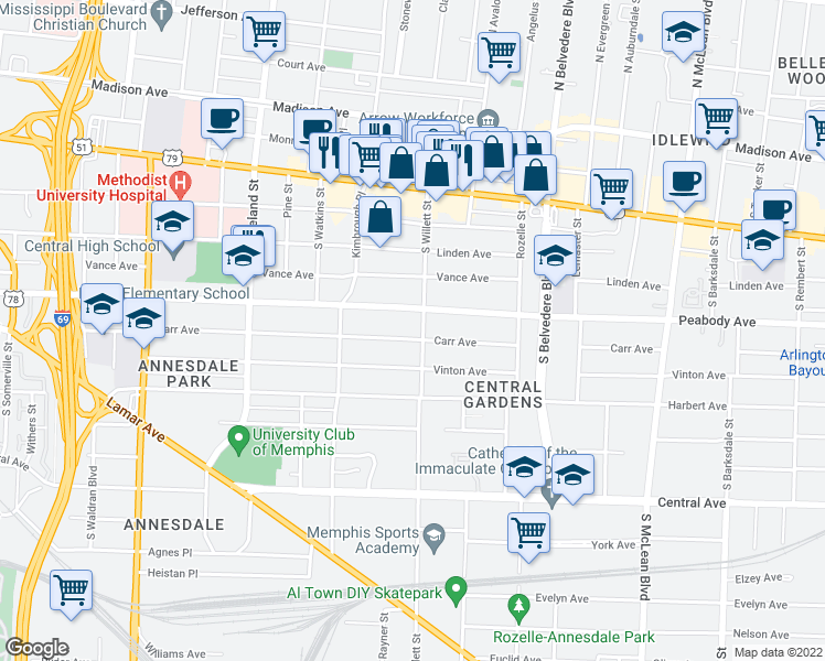 map of restaurants, bars, coffee shops, grocery stores, and more near 1536 Carr Avenue in Memphis