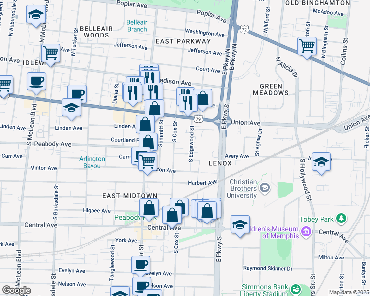 map of restaurants, bars, coffee shops, grocery stores, and more near 519 South Edgewood Street in Memphis