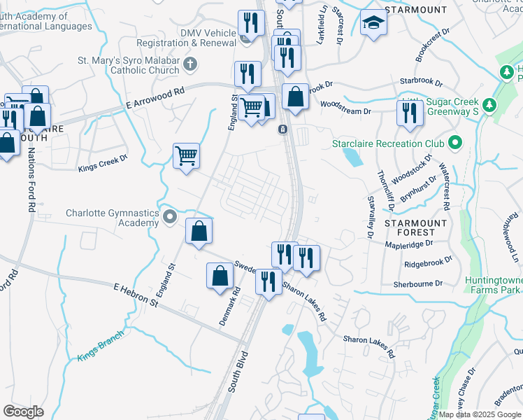 map of restaurants, bars, coffee shops, grocery stores, and more near 7902 Denmark Road in Charlotte
