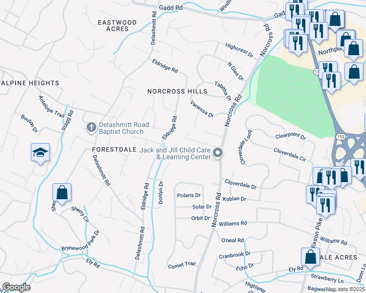 map of restaurants, bars, coffee shops, grocery stores, and more near 1305 Hixson Avenue in Chattanooga
