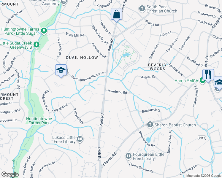 map of restaurants, bars, coffee shops, grocery stores, and more near 3717 Riverbend Rd in Charlotte