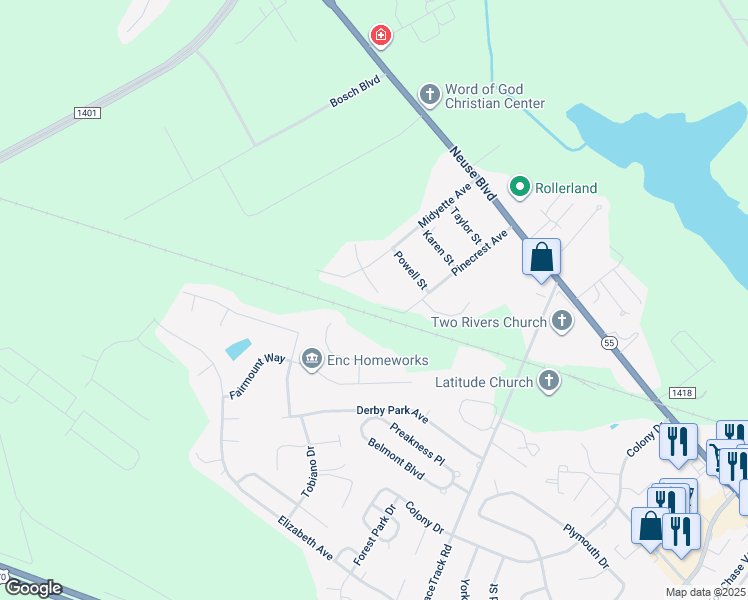 map of restaurants, bars, coffee shops, grocery stores, and more near 3611 Delesa Court in New Bern