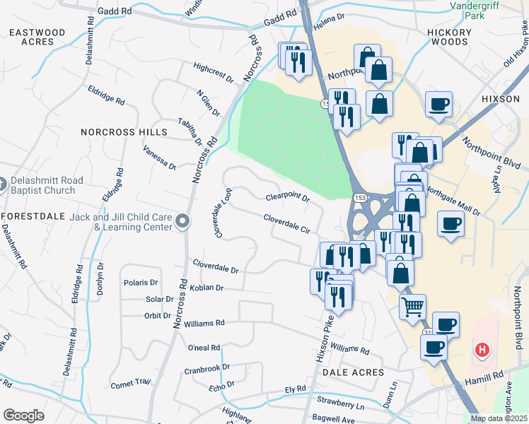 map of restaurants, bars, coffee shops, grocery stores, and more near 1337 Cloverdale Circle in Chattanooga