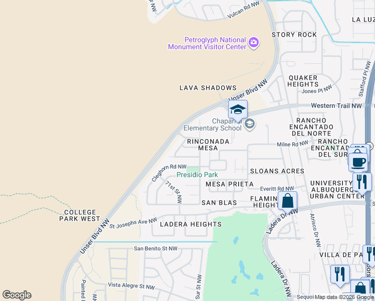 map of restaurants, bars, coffee shops, grocery stores, and more near 6809 Boca Negra Place Northwest in Albuquerque
