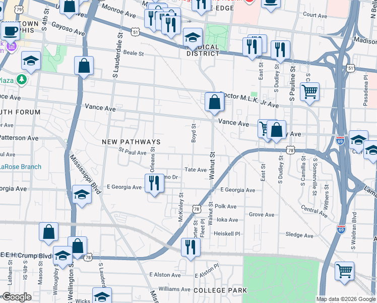 map of restaurants, bars, coffee shops, grocery stores, and more near 722 Saint Paul Avenue in Memphis