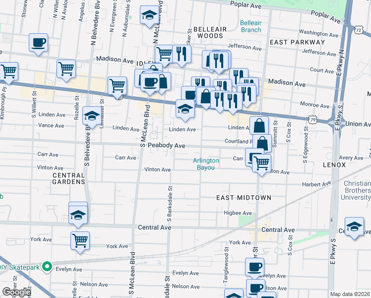 map of restaurants, bars, coffee shops, grocery stores, and more near 1947 Peabody Avenue in Memphis