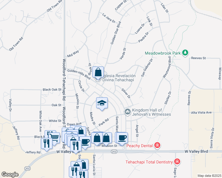 map of restaurants, bars, coffee shops, grocery stores, and more near 21504 Golden Hills Boulevard in Tehachapi