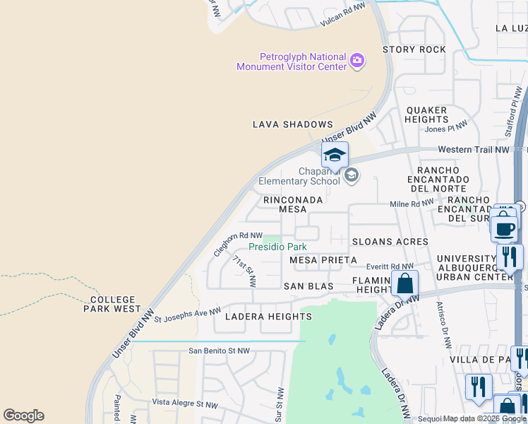 map of restaurants, bars, coffee shops, grocery stores, and more near 6809 Boca Negra Place Northwest in Albuquerque