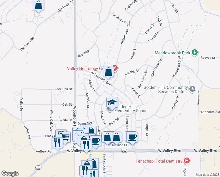 map of restaurants, bars, coffee shops, grocery stores, and more near 21525 Golden Hills Boulevard in Tehachapi