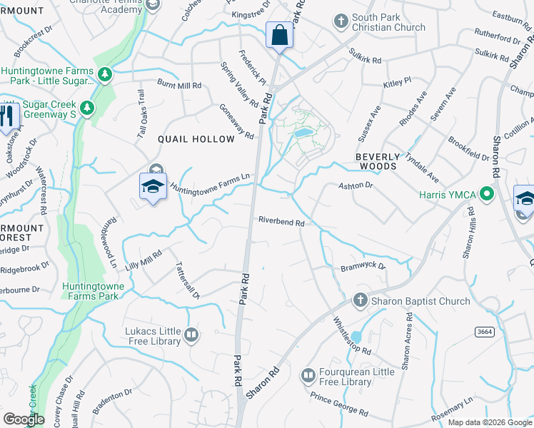 map of restaurants, bars, coffee shops, grocery stores, and more near 3717 Riverbend Road in Charlotte