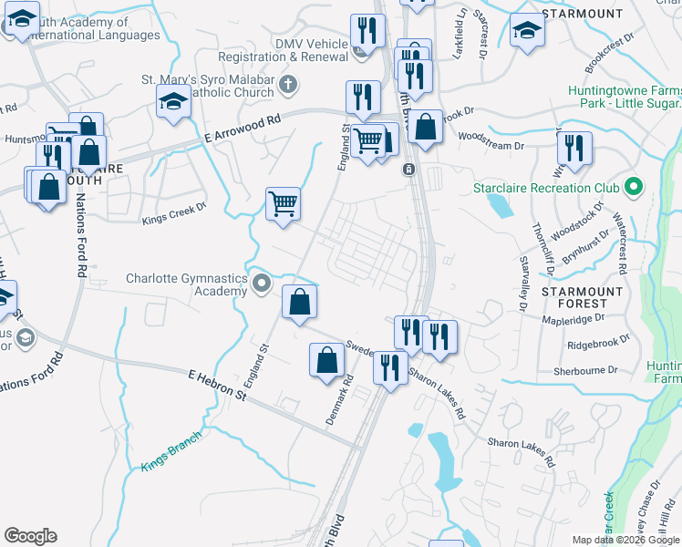 map of restaurants, bars, coffee shops, grocery stores, and more near 7907 England Street in Charlotte