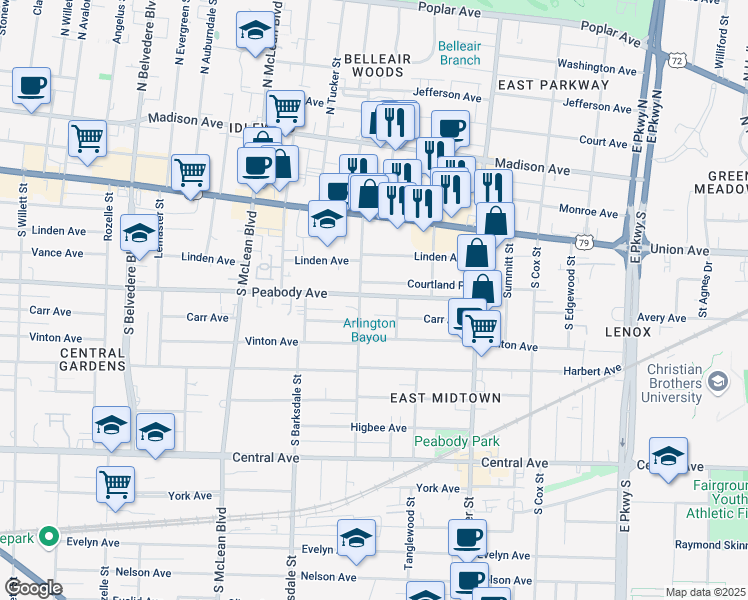 map of restaurants, bars, coffee shops, grocery stores, and more near 519 South Rembert Street in Memphis