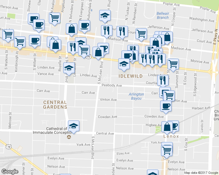 map of restaurants, bars, coffee shops, grocery stores, and more near 515 Peabody Green Cove in Memphis