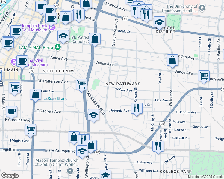 map of restaurants, bars, coffee shops, grocery stores, and more near 440 South Lauderdale Street in Memphis
