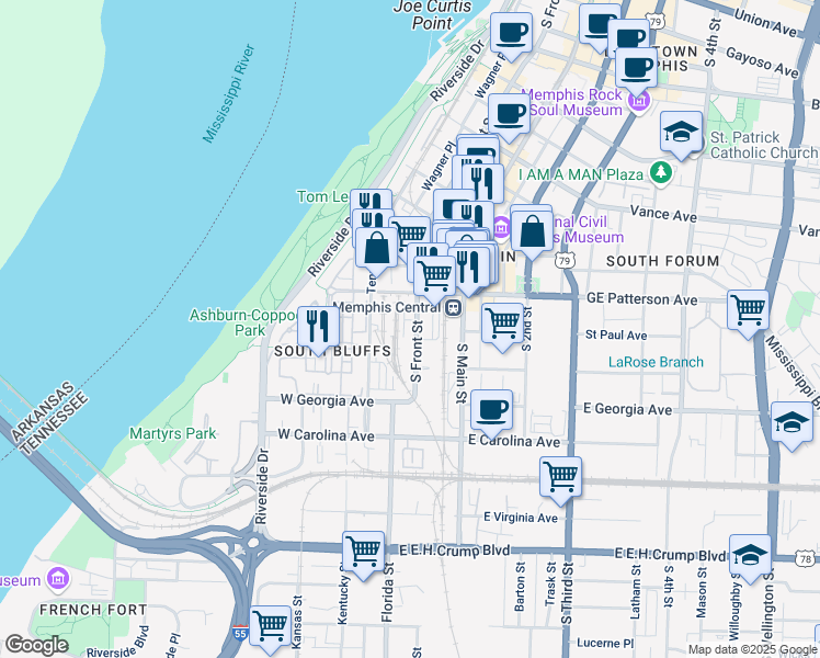map of restaurants, bars, coffee shops, grocery stores, and more near 7 West GE Patterson Avenue in Memphis