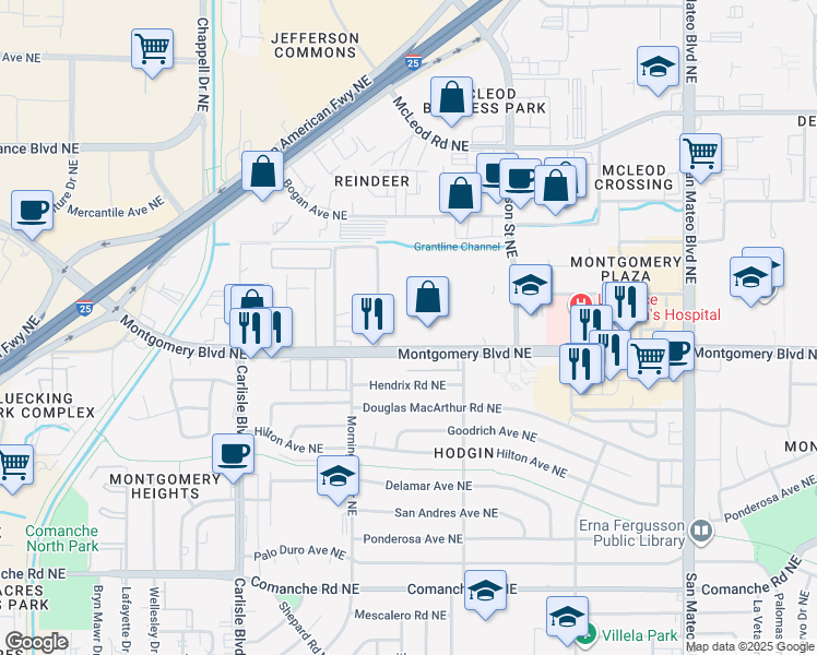 map of restaurants, bars, coffee shops, grocery stores, and more near 4169 Montgomery Boulevard Northeast in Albuquerque
