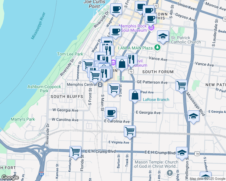 map of restaurants, bars, coffee shops, grocery stores, and more near 138 Saint Paul Avenue in Memphis