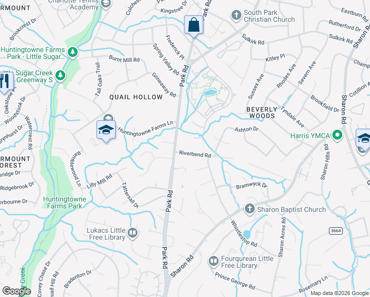 map of restaurants, bars, coffee shops, grocery stores, and more near 3717 Riverbend Road in Charlotte