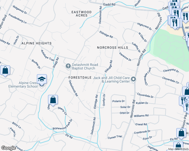 map of restaurants, bars, coffee shops, grocery stores, and more near 4797 Forest Wood Lane in Chattanooga