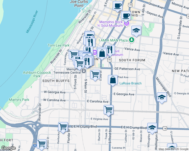 map of restaurants, bars, coffee shops, grocery stores, and more near 138 St Paul Ave in Memphis