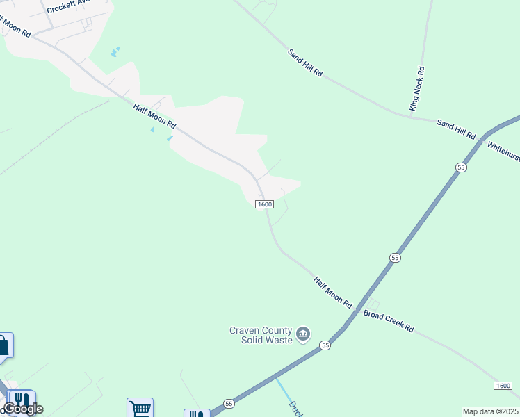 map of restaurants, bars, coffee shops, grocery stores, and more near 355 Half Moon Road in New Bern