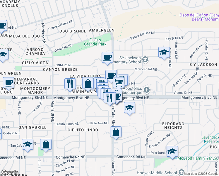 map of restaurants, bars, coffee shops, grocery stores, and more near 4425 Juan Tabo Boulevard Northeast in Albuquerque