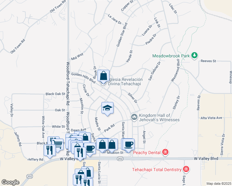 map of restaurants, bars, coffee shops, grocery stores, and more near 21504 Golden Hills Boulevard in Tehachapi