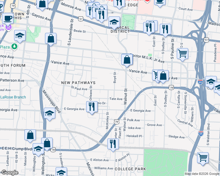 map of restaurants, bars, coffee shops, grocery stores, and more near 722 Saint Paul Avenue in Memphis