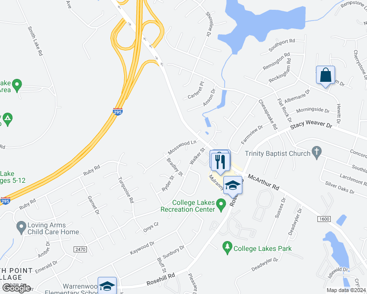 map of restaurants, bars, coffee shops, grocery stores, and more near 633 Mosswood Lane in Fayetteville