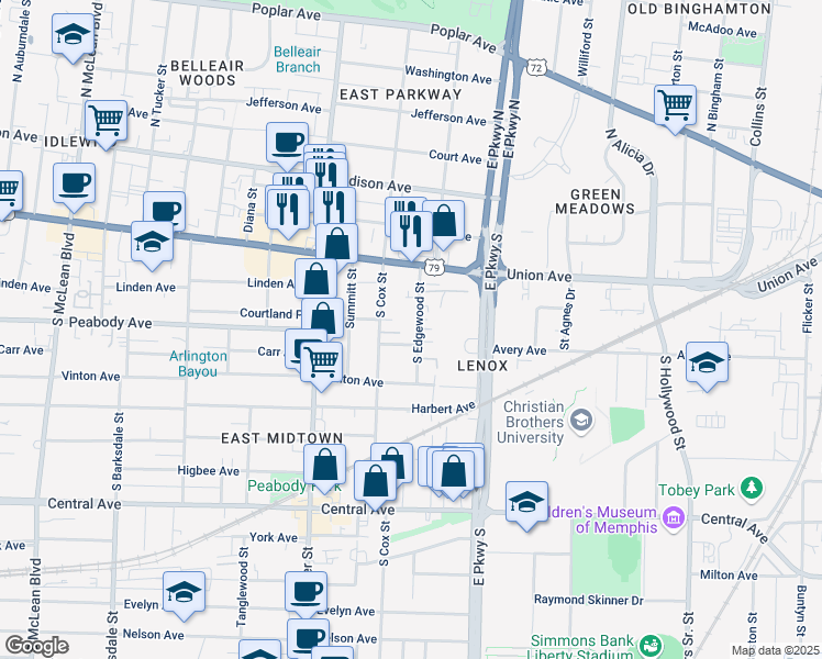 map of restaurants, bars, coffee shops, grocery stores, and more near 519 South Edgewood Street in Memphis