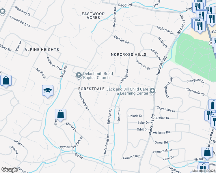 map of restaurants, bars, coffee shops, grocery stores, and more near 4795 Forest Wood Lane in Chattanooga