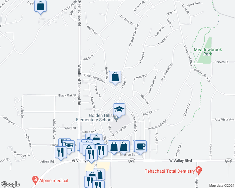 map of restaurants, bars, coffee shops, grocery stores, and more near 21529 Golden Hills Boulevard in Tehachapi