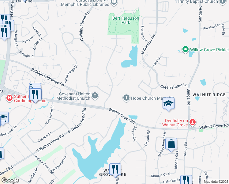 map of restaurants, bars, coffee shops, grocery stores, and more near 238 Walnut Trace Drive in Memphis