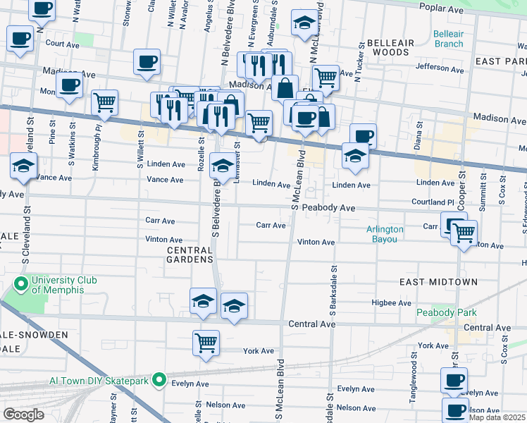 map of restaurants, bars, coffee shops, grocery stores, and more near 1766 Carr Avenue in Memphis