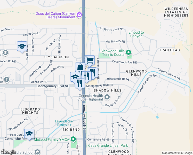 map of restaurants, bars, coffee shops, grocery stores, and more near 4515 Larchmont Drive Northeast in Albuquerque